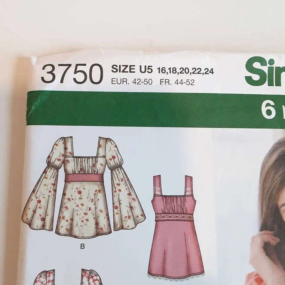 Simplicity 0350 3750 Misses Dress Top Variations Bell Sleeves Sz 16 18 20 22 24